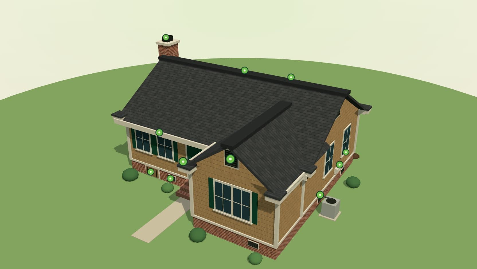 3D model of a Charleston home with animal entry points marked in green